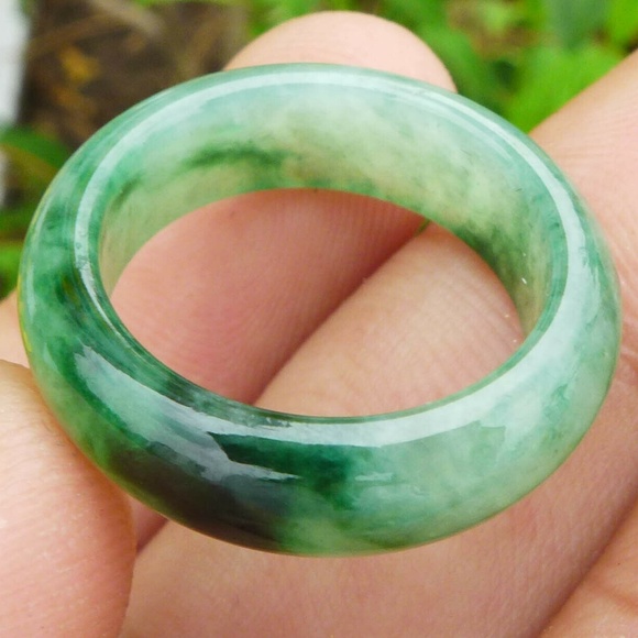 Natural Grade A Jadeite Jade One Piece Ring Carving Transparent Green 17mm - Picture 8 of 14